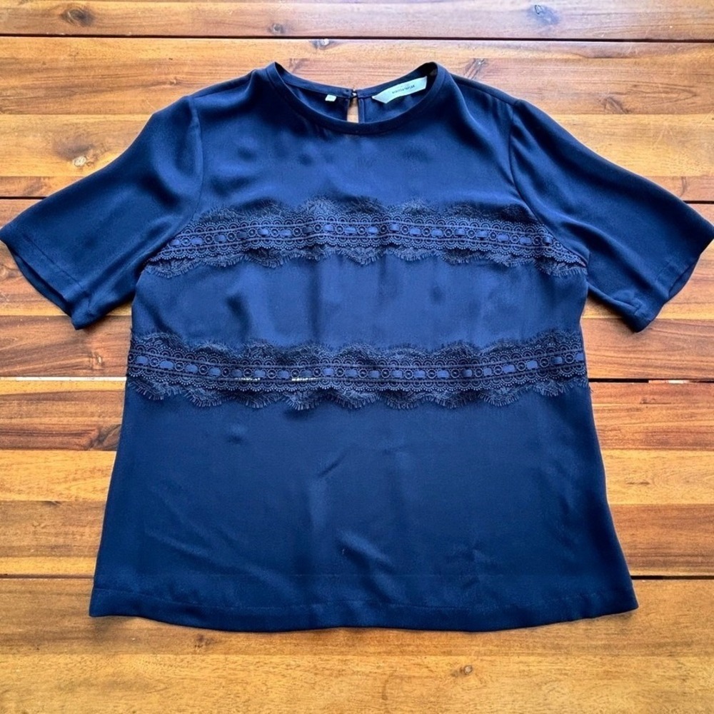 Rebecca Taylor Navy Silk Lace Panel Top Short‎ Sleeve Blouse Size M